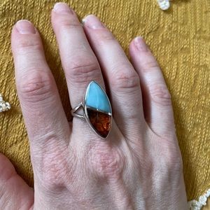Larimar and Amber Silver Ring